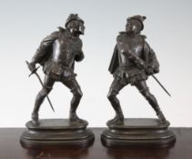 Emile Guillemin, late 19th century. A pair of bronze figures of chevaliers, 8.5in. Emile