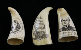 Three scrimshaw whales teeth, largest 5in. Three scrimshaw whales teeth, one depicting the crew of