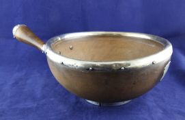 A Victorian silver mounted sycamore circular bowl, bowl diameter 11in. A Victorian silver mounted