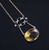 A 1920`s gold and silver, citrine and diamond set drop pendant necklace, 19in. A 1920`s gold and