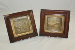 A set of four maple framed gilt metal plaques, 9in. A set of four maple framed gilt metal plaques,