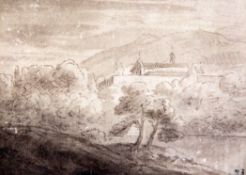 Manner of Claude Lorrain Monastery in a landscape, 8 x 10.75in. Manner of Claude Lorrainink and