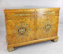 A Continental Empire style burr maple side cabinet, W.4ft 9in. A Continental Empire style burr maple