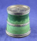 A George III silver and green stained ivory mounted barrel shaped ink pot, (splits). A George III