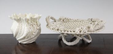 A Belleek porcelain basket and a similar vase, Second Period, 5in. A Belleek porcelain basket and