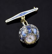 A lady`s early 20th century Swiss 18ct gold, blue guilloche enamel and diamond set fob watch, drop