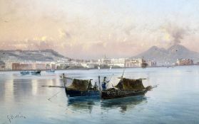 Giovanni Battista (1858-1925) Fishing boats with Naples beyond, 13 x 20.5in. Giovanni Battista (