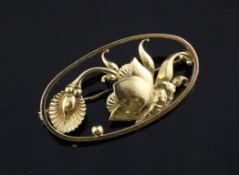 A Georg Jensen 18ct gold oval openwork brooch of stylised floral design by Gundorph Albertus, no