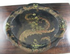 A 19th century Toleware tray, 27in. A 19th century Toleware tray, with scallop border, decorated