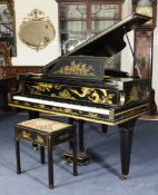 A chinoiserie cased baby grand piano and ensuite piano stool A chinoiserie cased baby grand piano by