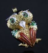 An ornate Italian 18ct gold, diamond and enamel set owl pendant brooch by Frascarolo, 2.25in. An