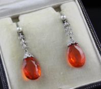 A pair of 1920`s white gold, diamond, split pearl and fire opal drop earrings, with foliate stems