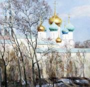 Russian Schooloil on canvas,Church spires viewed through trees,signed, dated 1991, Roy Miles Gallery