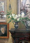 Ann Hewson (1933-)oil on board,Interior with narcissus in a jug,signed,13.5 x 9.5in.