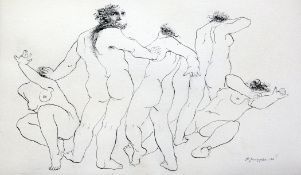 Karin Jaroszynska (b.1934)pen and ink,Wrestling nudes,signed and dated `73,8.5 x 14in.