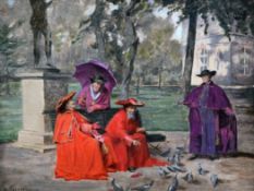 Henri Adolphe Laissement (1854-1921)oil on wooden panel,Feeding the pigeons,signed,8.25 x 10.5in.
