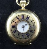 An early 20th century Swiss 18ct gold half hunter keyless lever fob watch, with Roman dial and