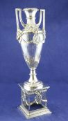 An early 20th century German 800 standard silver mounted two handled glass vase, of urn form with