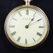 A late 19th/early 20th century 18ct gold Waltham keyless fob watch, with engine turned case and