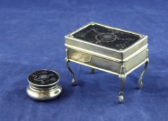A George V silver and tortoiseshell pique trinket box, by William Comyns, of square form, on