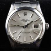 A gentleman`s late 1970`s stainless steel Rolex Oyster Perpetual Date wrist watch, with baton