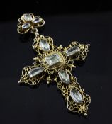 A 19th century silver gilt filigree and aquamarine set cruciform pendant, 3.25in.