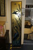 A rectangular aesthetic style reverse painted and gilded glass panel, depicting storks, birds and