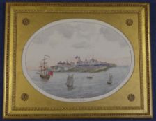 FVBpair of ink and watercolour drawings,Views of Valetta Harbour, Malta,one initialled, ovals,15.5 x