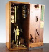 A Victorian Ross of London lacquered brass binocular microscope, marked Ross, London no.2071, with a