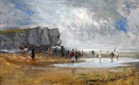 Robert Harrison (1943-)oil on board,Fisherfolk on a beach at low tide,signed and dated 1962,9 x