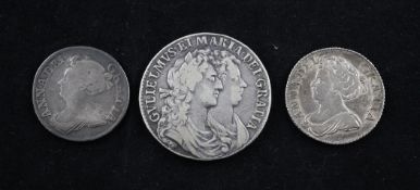 A William and Mary silver half crown, 1689, fine, a Queen Anne silver shilling, 1712, VF and a Queen