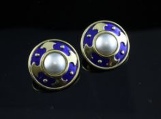 A stylish cased pair of 18ct gold, blue enamel and mabe pearl set earrings, of disc form, diameter