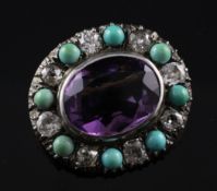 A late Victorian gold, silver, diamond, amethyst and turquoise set oval brooch, the central amethyst