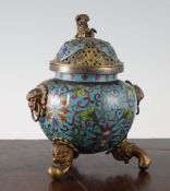 A Chinese cloisonne enamel and gilt bronze mounted censer and cover, late 19th / early 20th century,