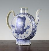 A Chinese blue and white moon shaped ewer and cover, 19th century, painted with boys performing