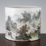 A Chinese famille rose brush pot, Bitong, Yongzheng mark but later, decorated with figures in a