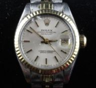A lady`s early 1980`s stainless steel and gold Rolex Oyster Perpetual Datejust wrist watch, with