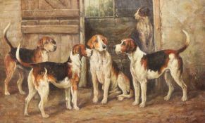 Manner of John Emms (1843-1912)oil on canvas,Hounds beside a kennels,bears signature and dated