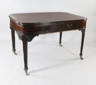 A mahogany writing table, with gilt tooled writing skiver with rounded corners, single frieze