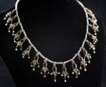 An Indian seed pearl and gem set fringe necklace, 13.5in.