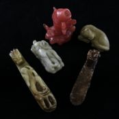 Three jade carvings and two other items, comprising two jade dragon headed belt hooks, the first