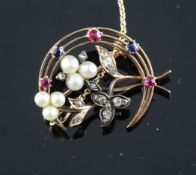 A gold, ruby, sapphire, diamond and cultured pearl set crescent brooch, 1in.