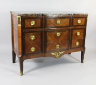 A 19th century French marble top and kingwood breakfront commode, with three long drawers and gilt
