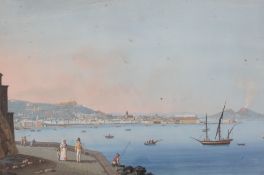 19th century Neapolitan Schoolpair of gouaches,View of Naples and Classical temples,10.75 x 16.