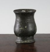 A Chinese bronze flattened baluster vase, Song Dynasty, with a central low relief band of archaic