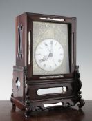 A 19th century Chinese huali wood mantel clock, with associated English twin fusee movement, 15in.