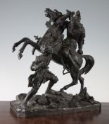 A 19th century bronze figure group, modelled as a medieval battle scene, with a king on horseback