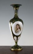 A Bohemian green and white overlaid glass ovoid vase, decorated with an oval portrait of a girl,