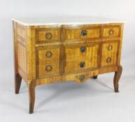 A French marble top and parquetry breakfront commode, fitted three long drawers on scroll legs