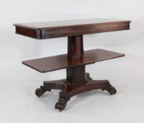 A Victorian metamorphic three tier dumb waiter, on platform base with scroll feet, W.3ft 6in.